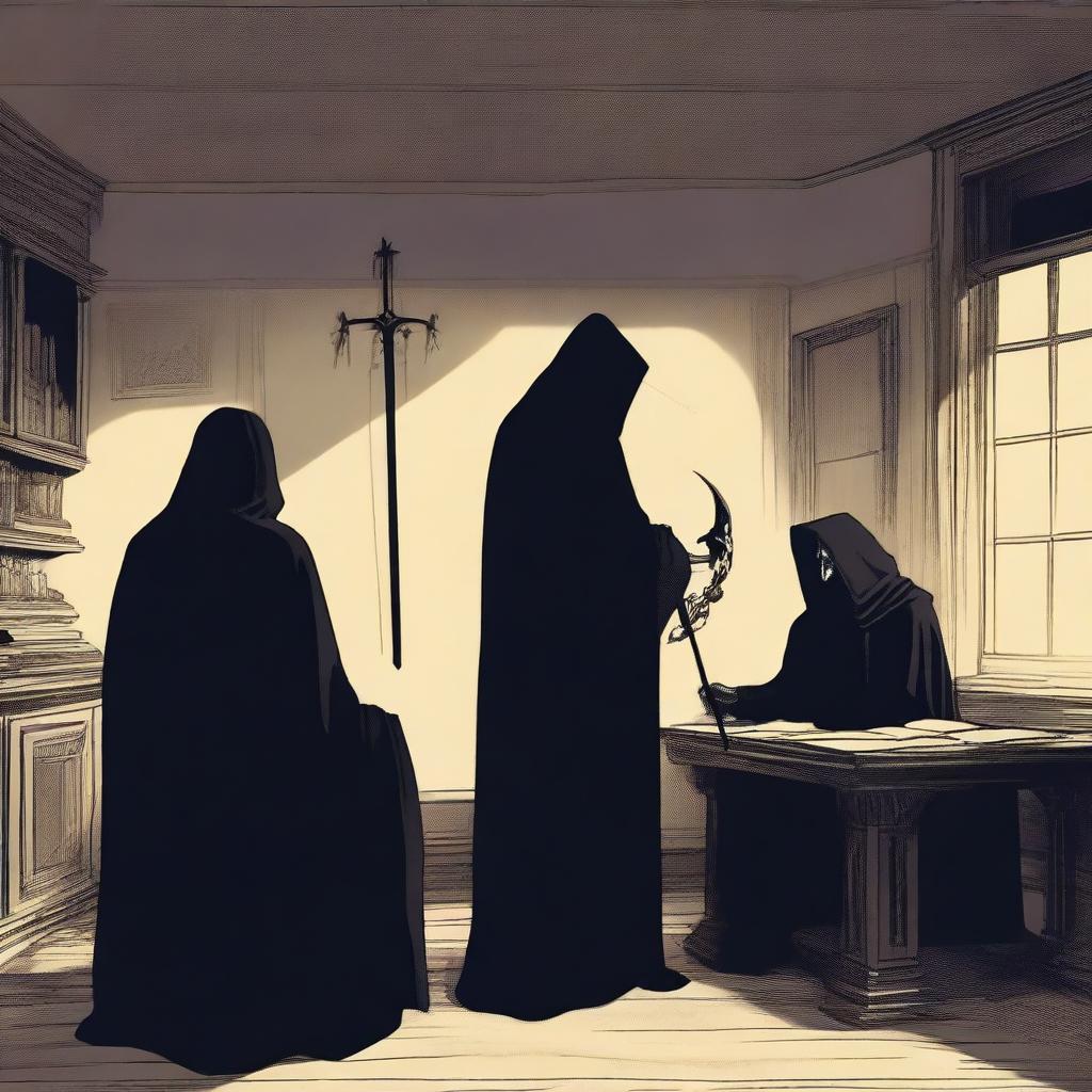 A man and the Grim Reaper having a conversation in a supernatural office