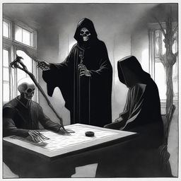 A man and the Grim Reaper having a conversation in a supernatural office