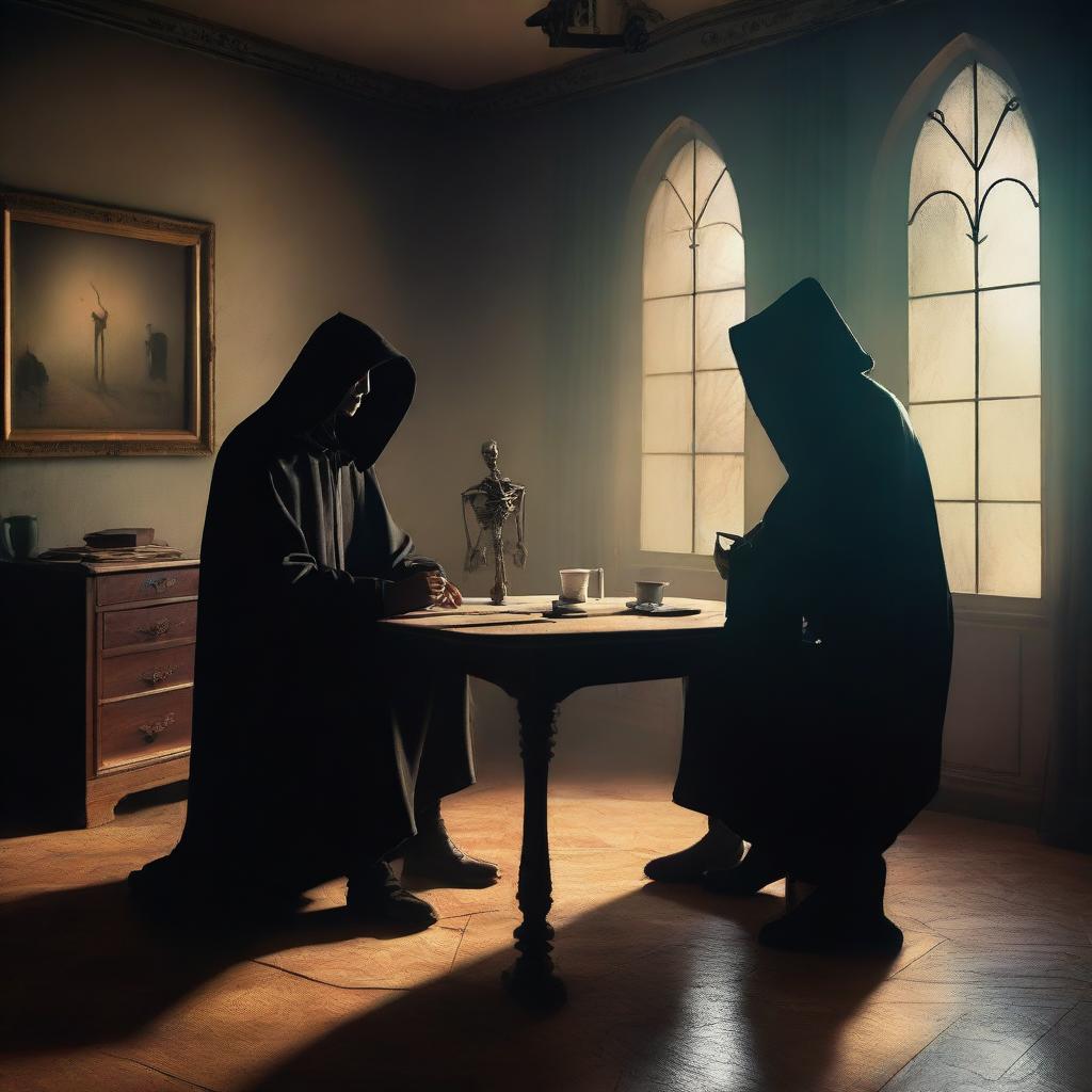 In a surrealism style, a man and the Grim Reaper engaged in conversation, seated around a triangular table in a mysterious office