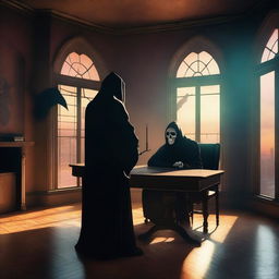 In a surrealism style, a man and the Grim Reaper engaged in conversation, seated around a triangular table in a mysterious office