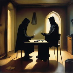 In a surrealism style, a man and the Grim Reaper engaged in conversation, seated around a triangular table in a mysterious office