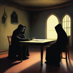 In a surrealism style, a man and the Grim Reaper engaged in conversation, seated around a triangular table in a mysterious office