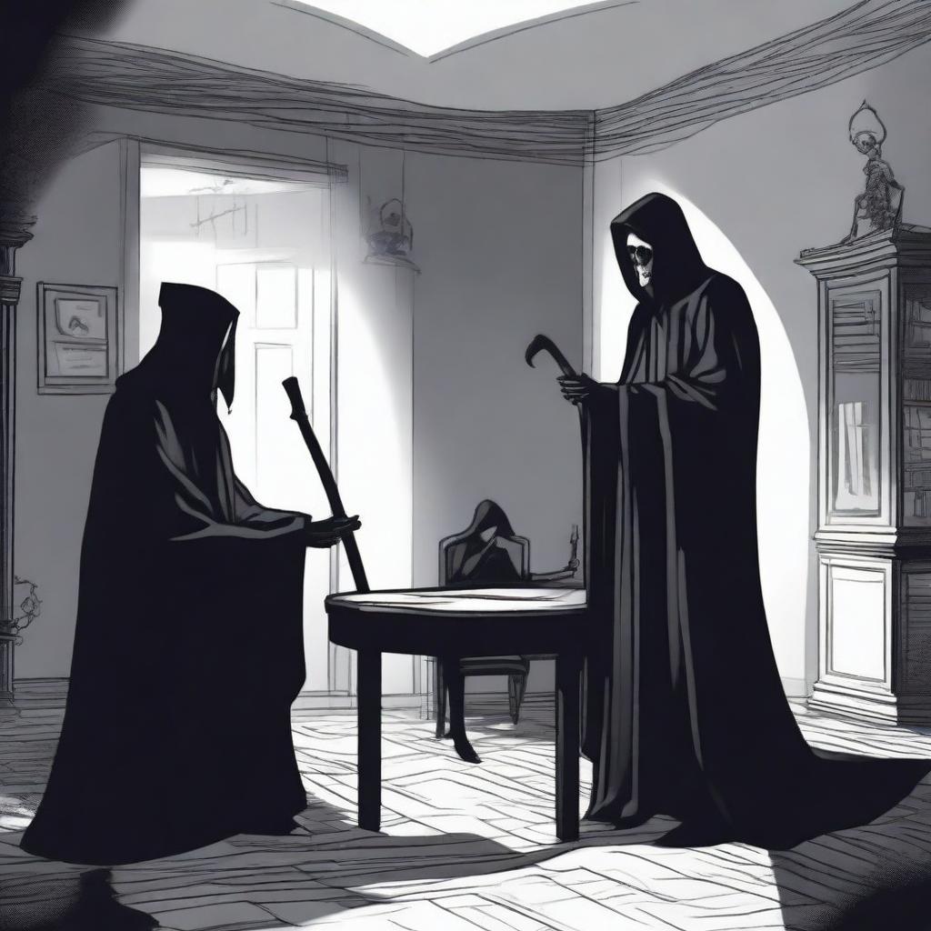 A man and the Grim Reaper are talking in a supernatural office