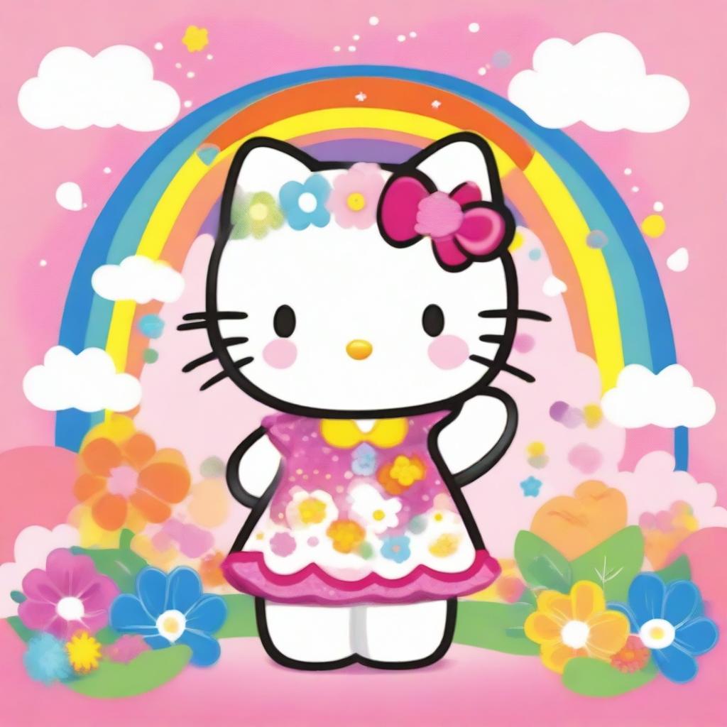 A cute and adorable Hello Kitty character standing in a colorful and cheerful background with flowers and rainbows