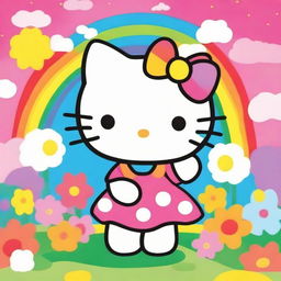 A cute and adorable Hello Kitty character standing in a colorful and cheerful background with flowers and rainbows