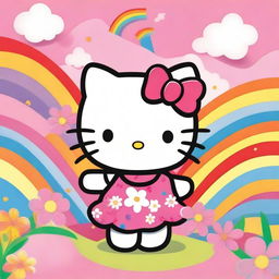 A cute and adorable Hello Kitty character standing in a colorful and cheerful background with flowers and rainbows