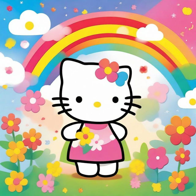 A cute and adorable Hello Kitty character standing in a colorful and cheerful background with flowers and rainbows