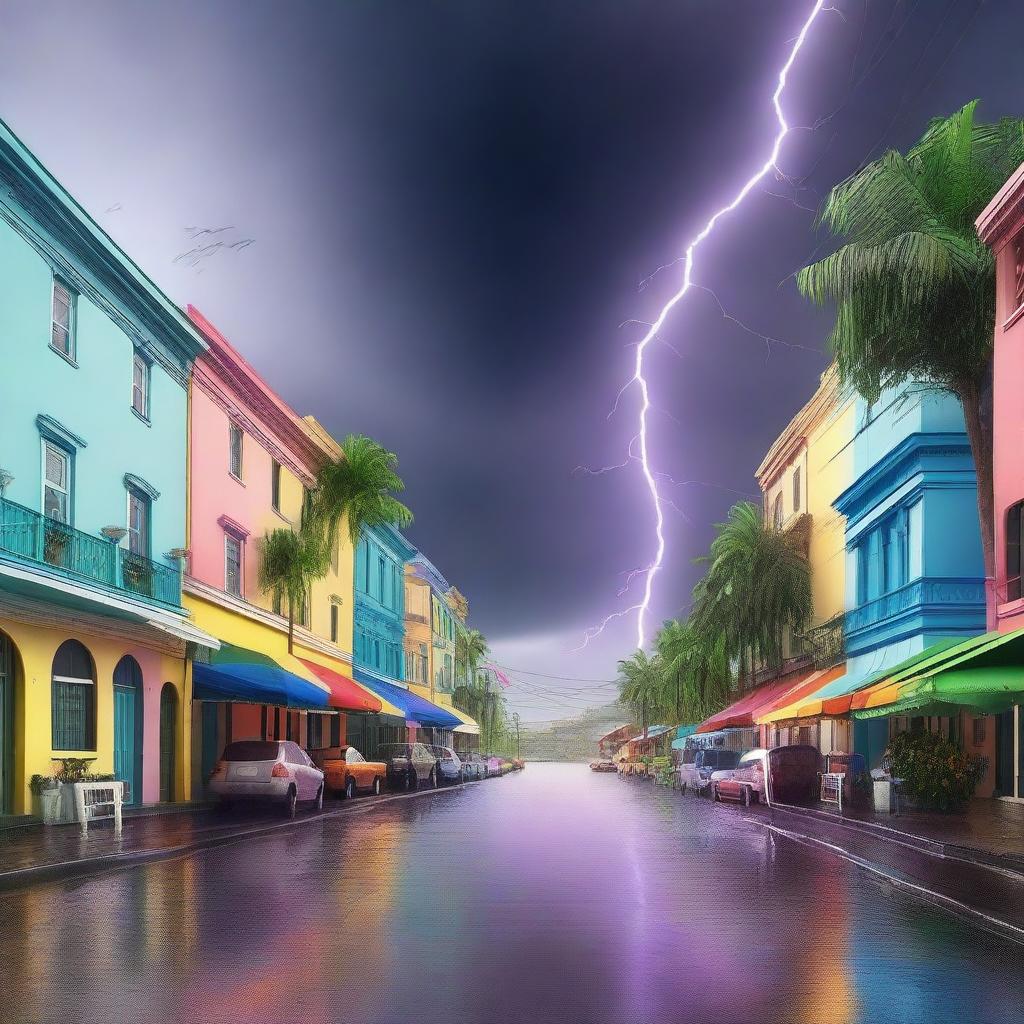 A street scene where one side is experiencing a storm with dark clouds, heavy rain, and lightning, while the other side is bright, sunny, and colorful with rainbows and a tropical vibe