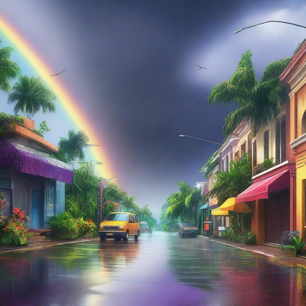 A street scene where one side is experiencing a storm with dark clouds, heavy rain, and lightning, while the other side is bright, sunny, and colorful with rainbows and a tropical vibe