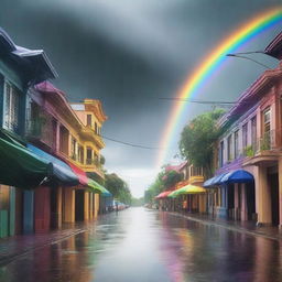 A street scene where one side is experiencing a storm with dark clouds, heavy rain, and lightning, while the other side is bright, sunny, and colorful with rainbows and a tropical vibe