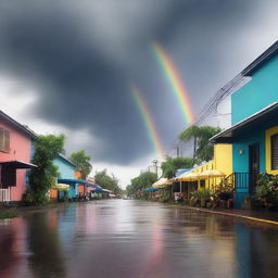 A street scene where one side is experiencing a storm with dark clouds, heavy rain, and lightning, while the other side is bright, sunny, and colorful with rainbows and a tropical vibe