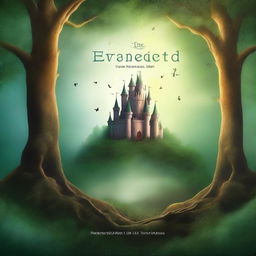 Create a captivating book cover with a mystical forest background, featuring an enchanted castle in the distance