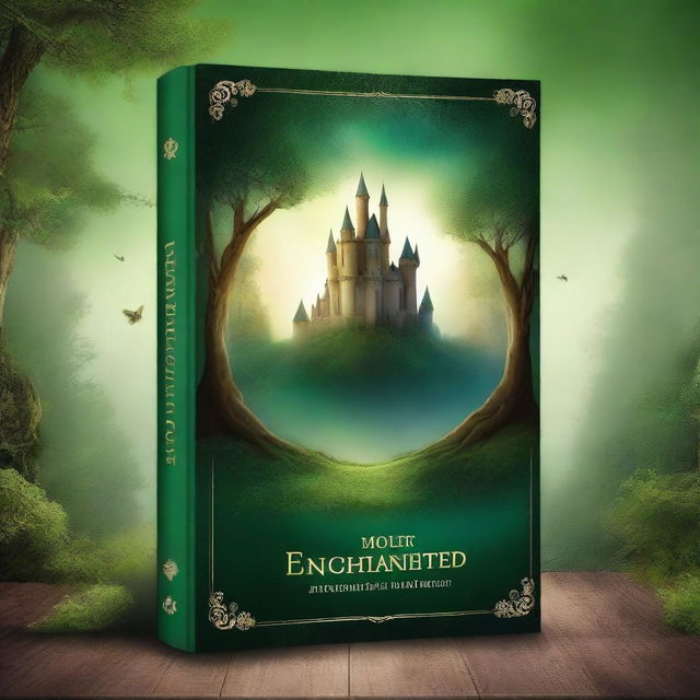 Create a captivating book cover with a mystical forest background, featuring an enchanted castle in the distance