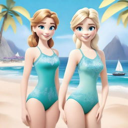 Anna and Elsa from Frozen wearing swimsuits, enjoying a sunny day at the beach