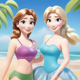 Anna and Elsa from Frozen wearing swimsuits, enjoying a sunny day at the beach