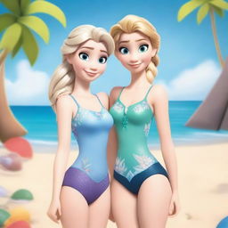 Anna and Elsa from Frozen wearing swimsuits, enjoying a sunny day at the beach