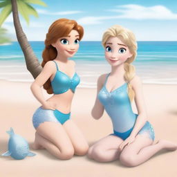 Anna and Elsa from Frozen wearing swimsuits, enjoying a sunny day at the beach