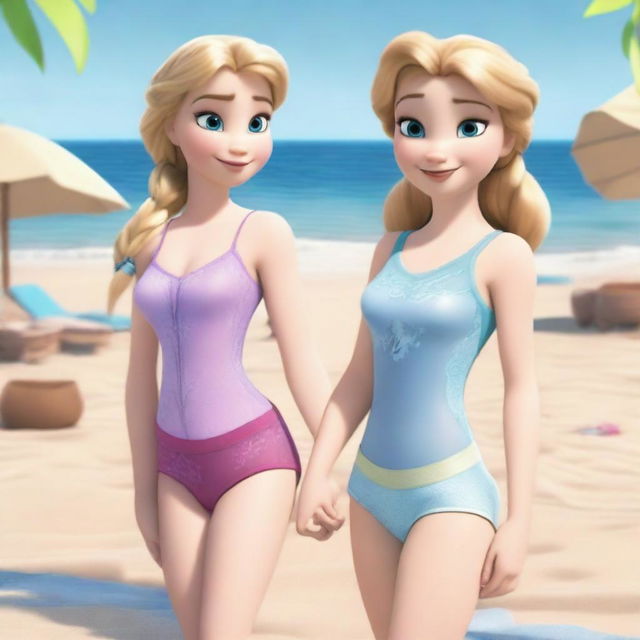 Anna and Elsa from Frozen wearing small and tight swimsuits, enjoying a sunny day at the beach