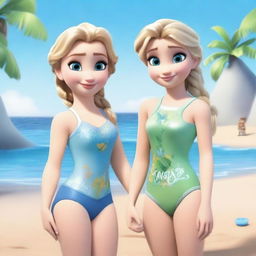 Anna and Elsa from Frozen wearing small and tight swimsuits, enjoying a sunny day at the beach