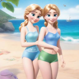 Anna and Elsa from Frozen wearing small and tight swimsuits, enjoying a sunny day at the beach