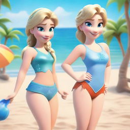 Anna and Elsa from Frozen wearing small and tight swimsuits, enjoying a sunny day at the beach