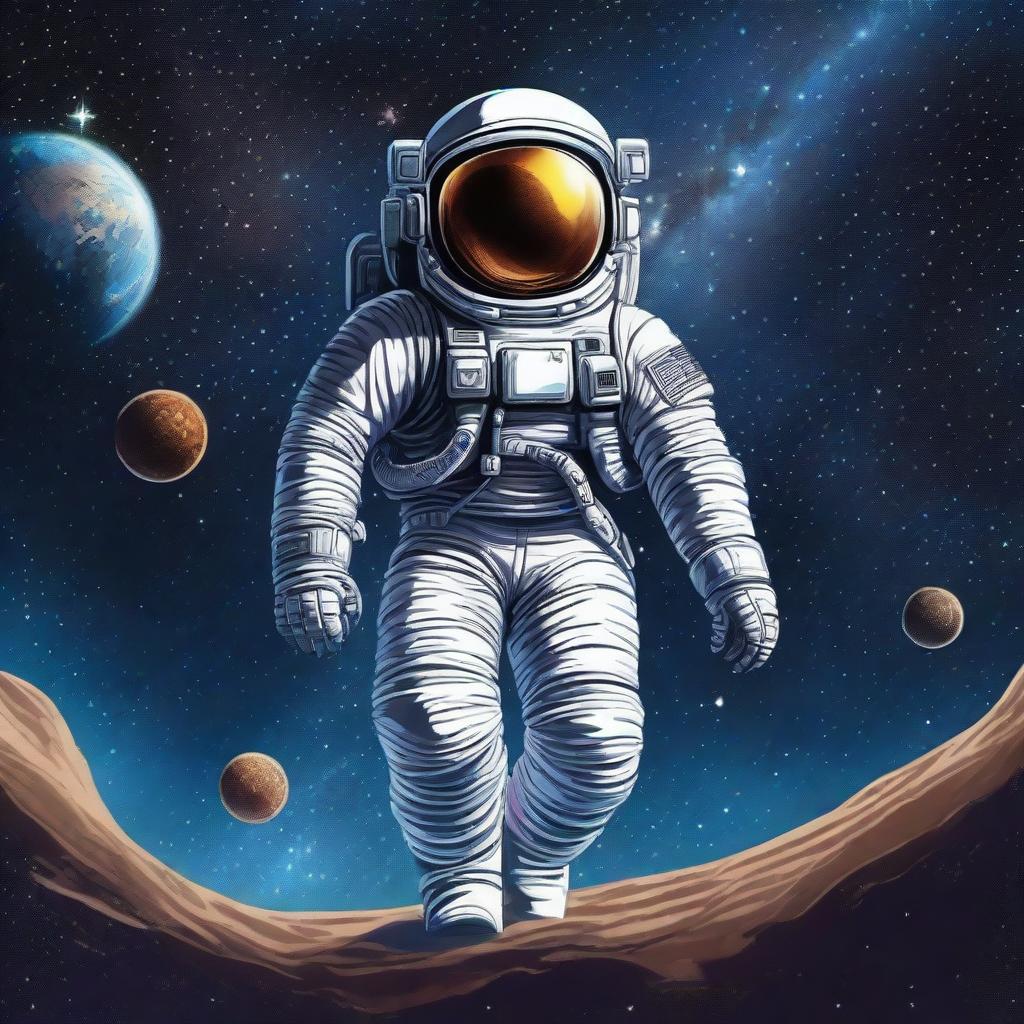 A detailed illustration of an astronaut floating in space, surrounded by stars and distant planets