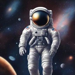 A detailed illustration of an astronaut floating in space, surrounded by stars and distant planets