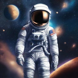 A detailed illustration of an astronaut floating in space, surrounded by stars and distant planets