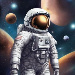 A detailed illustration of an astronaut floating in space, surrounded by stars and distant planets