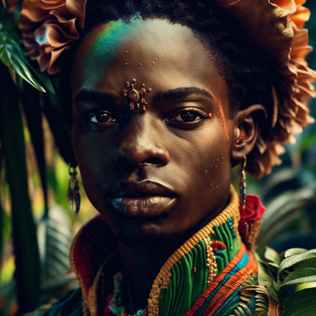 Intense close-up of another different androgynous African man in Rococo attire in a vibrant mystical jungle, with immaculate composition and lighting.