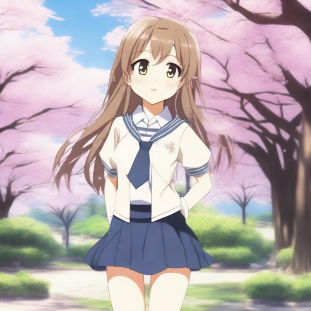 A full-body image of a cute anime girl with amber-colored eyes, smiling gently