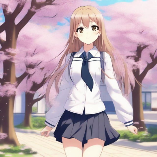 A full-body image of a cute anime girl with amber-colored eyes, smiling gently