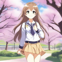 A full-body image of a cute anime girl with amber-colored eyes, smiling gently