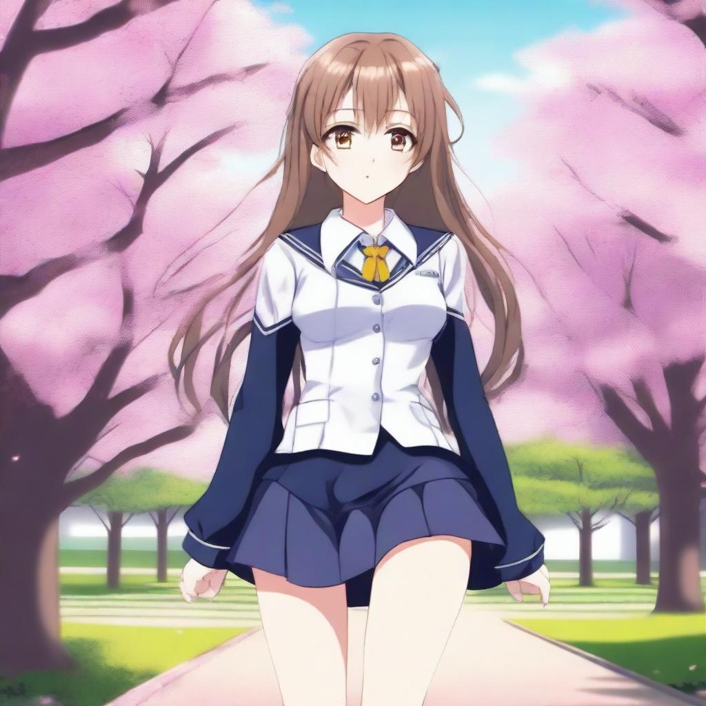 A full-body image of a cute anime girl with amber-colored eyes, looking very sexy and enamored