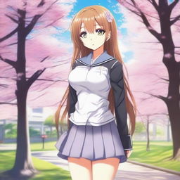 A full-body image of a cute anime girl with amber-colored eyes, looking very sexy and enamored