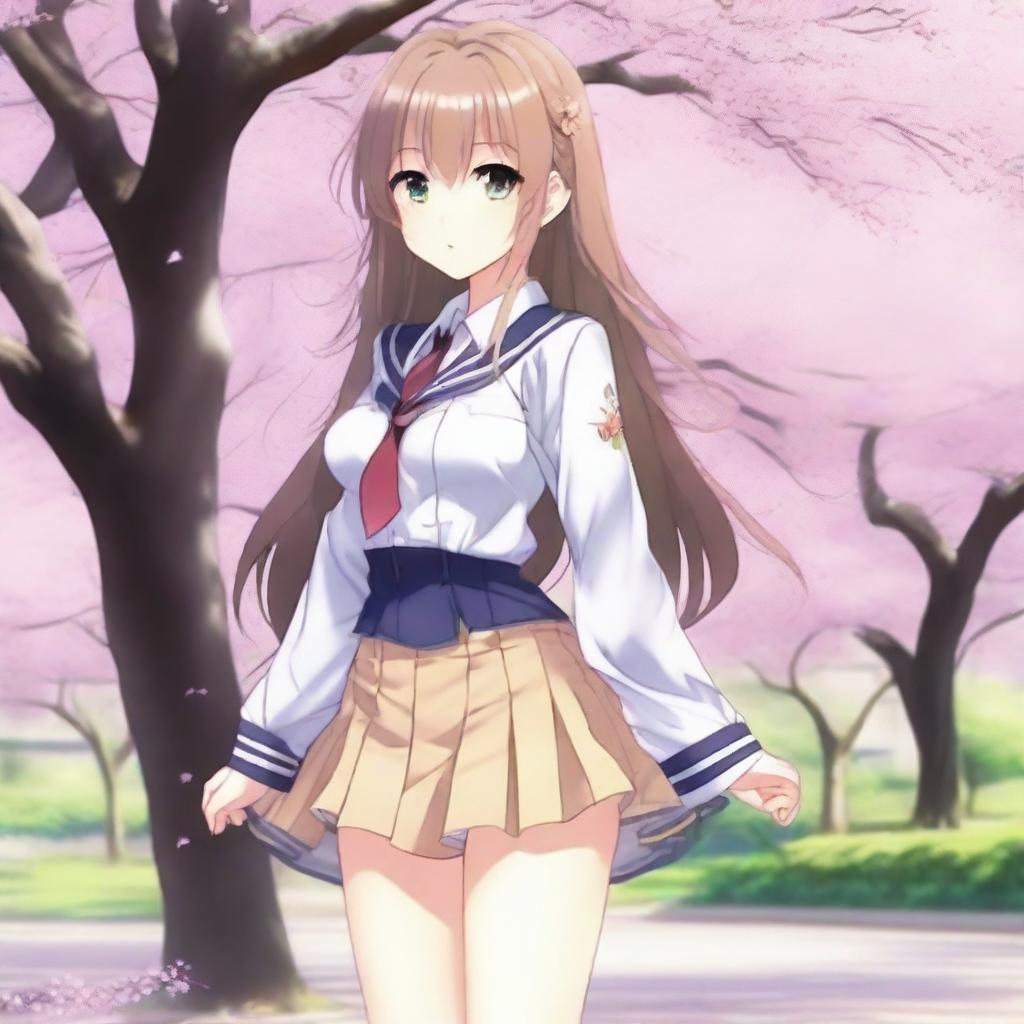 A full-body image of a cute anime girl with amber-colored eyes, looking even sexier and enamored