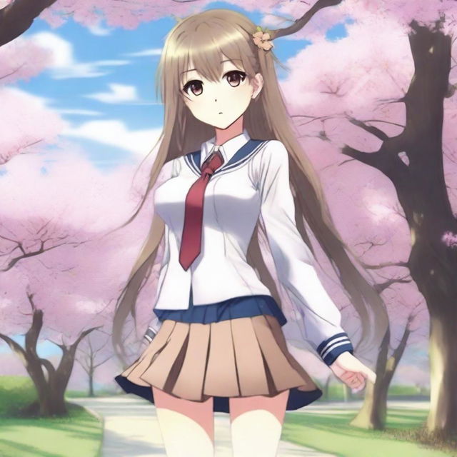 A full-body image of a cute anime girl with amber-colored eyes, looking even sexier and enamored