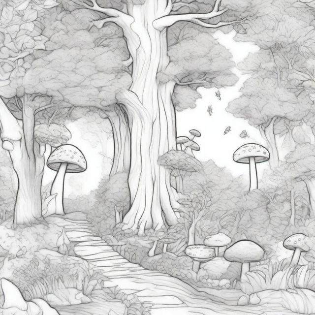 A colouring book page depicting an enchanted forest scene with tall, ancient trees, winding paths, and hidden fairies peeking out from behind leaves and branches