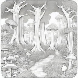 A colouring book page depicting an enchanted forest scene with tall, ancient trees, winding paths, and hidden fairies peeking out from behind leaves and branches