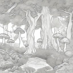 A colouring book page depicting an enchanted forest scene with tall, ancient trees, winding paths, and hidden fairies peeking out from behind leaves and branches