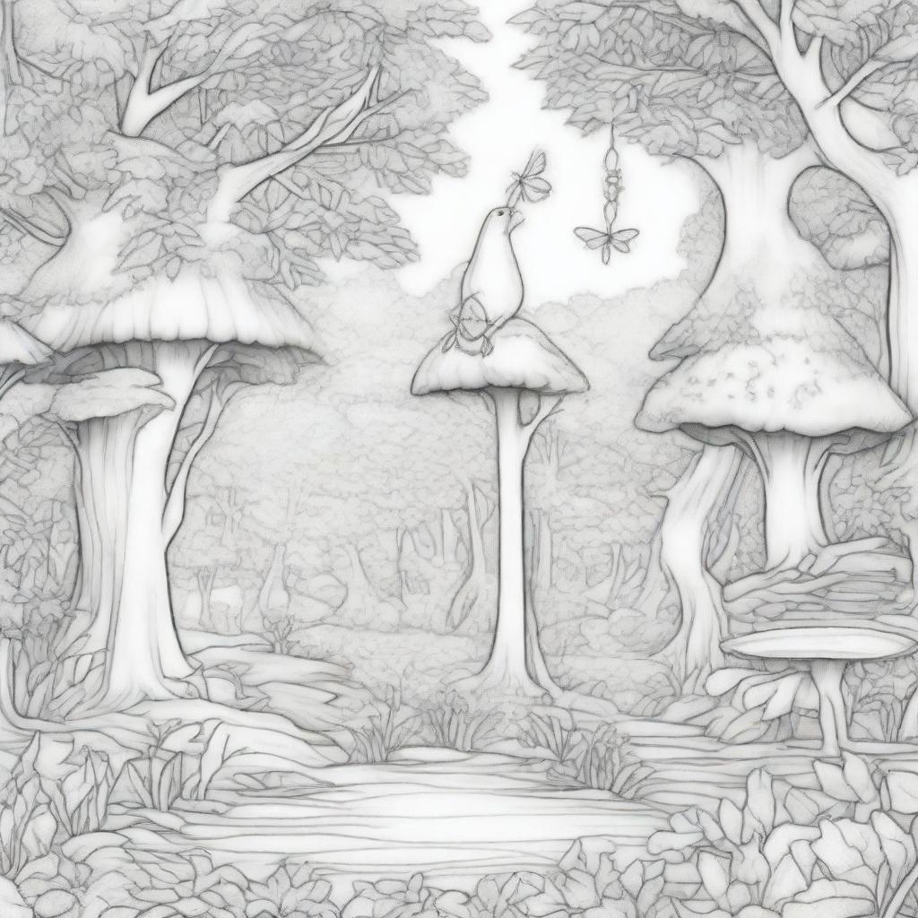 A whimsical enchanted forest scene for colouring pages, featuring hidden fairies among the trees