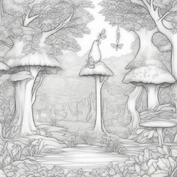 A whimsical enchanted forest scene for colouring pages, featuring hidden fairies among the trees