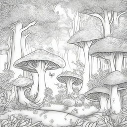 A whimsical enchanted forest scene for colouring pages, featuring hidden fairies among the trees