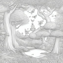 A whimsical enchanted forest scene for colouring pages, featuring hidden fairies among the trees