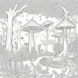 A whimsical enchanted forest scene for colouring pages, featuring hidden fairies among the trees