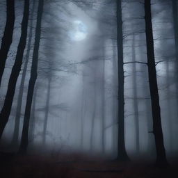 A dark aesthetic scene featuring a mysterious, foggy forest at night with a full moon casting eerie shadows