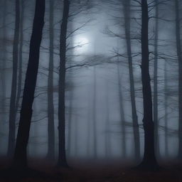 A dark aesthetic scene featuring a mysterious, foggy forest at night with a full moon casting eerie shadows