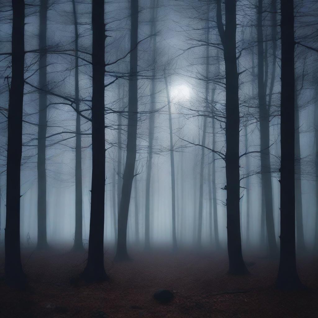 A dark aesthetic scene featuring a mysterious, foggy forest at night with a full moon casting eerie shadows