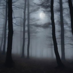 A dark aesthetic scene featuring a mysterious, foggy forest at night with a full moon casting eerie shadows