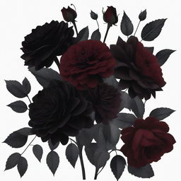 A dark floral aesthetic scene featuring a bouquet of deep, rich-colored flowers like dark red roses and black dahlias